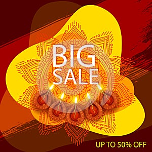 Vector illustration or greeting card of Diwali festival with stylish beautiful oil lamp and Diwali elements,Diwali SALE, Diwali Sp