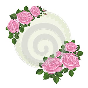 Vector illustration of greeting card with pink rose flower, leaves buds isolated on white