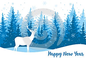 Vector illustration for greeting card with white deer on christmas trees background in flat style. Happy New Year text.