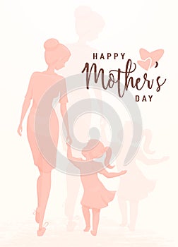 Vector illustration of greeting mother day. Mom holds her daughter by the hand