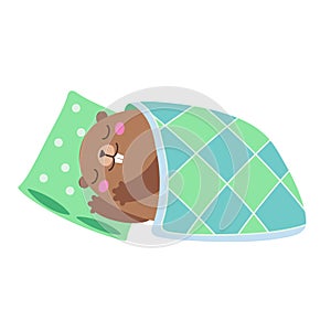 Illustration of groundhog sleeping under a blanket. Flat