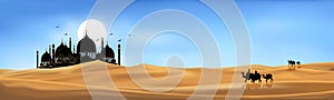 Vector illustration group of Arab people with camels caravan riding in realistic desert sands, Caravan Muslim ride camel to mosque