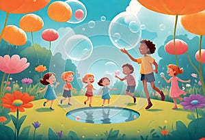 a vector illustration of a group of children playing with bubbles in a park