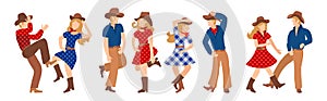 Vector illustration of a group of cowboys and cowgirls in western country dancing a line of dance. Couples man and woman dancing a photo