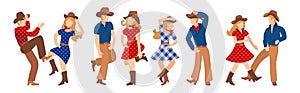 Vector illustration of a group of cowboys and cowgirls in western country dancing a line of dance. Couples man and woman dancing a