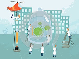 Vector illustration, group of doctors study and explore Covid-19. Searching for remedy and vaccine. Pandemic conceptual