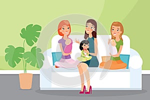 Vector illustration of group of mothers with their children. Young women friends sitting together on a sofa and talking