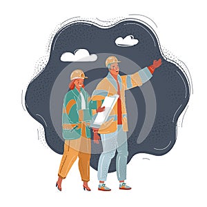 Vector illustration of Group people builder, man and woman with construction tools on dark.