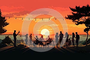 Vector illustration of a group of people having a picnic on a lake at sunset, A group of people at a barbecue at sunset, Summer