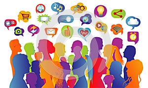 Connecting group of multiethnic people who socialize communicate and share information. Communication and sharing. Crowd that spea