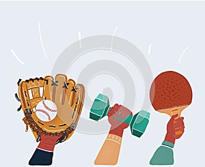 Vector illustration of group of sport equipment in human hands. Object on white background. Baseball, dumbel, ping pong photo