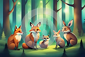 Vector illustration of a group of wild animals in the forest. Cartoon style. Generative AI