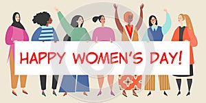 Vector illustration with a group of women holding a big banner with congratulations to the International Women`s Day