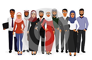 Vector illustration of groupe arab man and woman business people standing together in traditional islamic clothes on