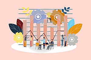 Vector illustration. Growth chart concepts, work of professional people teamwork