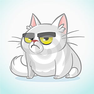 Vector illustration of grumpy white cat. Cute fat cartoon cat