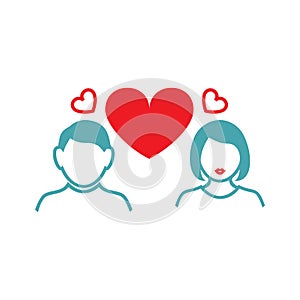 Vector illustration between the guy and the girl big red heart and two small hearts