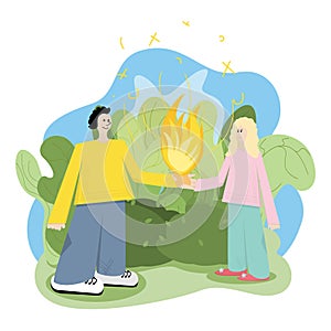 Vector illustration with a guy and a girl. A young couple holds a fire in their hands against the background of trending leaves. T