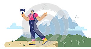 Vector illustration of guy, man takes a selfie on cliff against the backdrop of mountains and trees, making video call