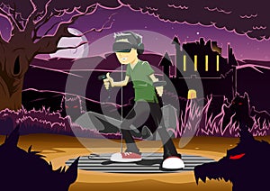 Vector illustration of guy playing horror game via VR headset