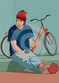 Vector illustration of The guy sits on the curb