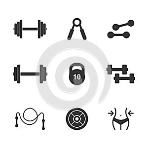 Vector illustration of gym icons set. fitness and sport tools for website and mobile app