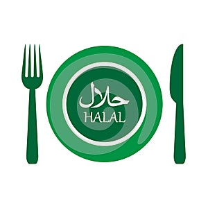 Vector illustration of halal plate label with fork and knife