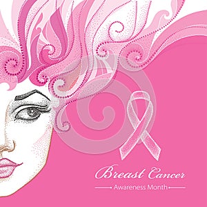 Vector illustration of half beautiful dotted girl face with ribbon on the pink background.