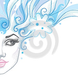 Vector illustration of half dotted beautiful girl face with snowflake and blue curly hair isolated on white.