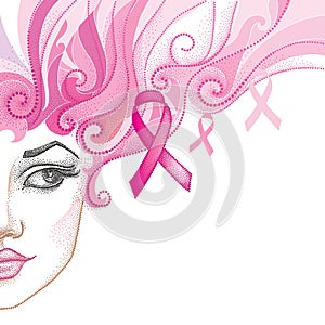 Vector illustration of half dotted girl face with pink ribbon on white background.