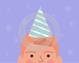 Vector illustration of half head of boy in birthday cap, stars on the background