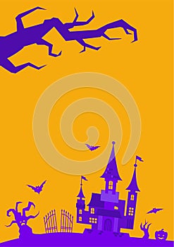 Vector illustration of halloween background. Orange background with flying bats, old house, trees