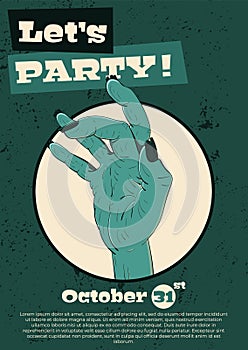 Vector illustration for Halloween. A cool zombie hand inviting to a party.