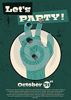 Vector illustration for Halloween. A cool zombie hand inviting to a party.