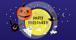 Full moon, bat, hat, evil pumpkin, ghosts for Halloween party.