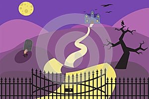 Vector illustration of halloween haunted house on dark yard