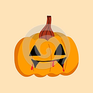 Vector illustration for Halloween, a pumpkin with a scary face and bloody teeth.