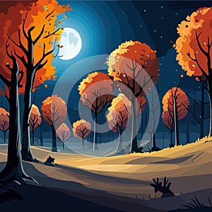 Vector illustration halloween pumpkin Spooky night background with full moon