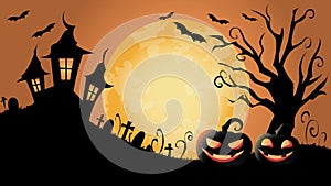 Vector illustration of a halloween scene with a haunted castle, full moon, bats and Jack o lanterns in silhouettes.