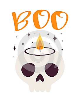 Halloween card with funny skull candle, vector illustration