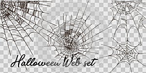 Vector illustration Halloween spider web isolated on transparent background. Hector venom cobweb set. Halloween monochrome spider