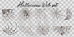 Vector illustration Halloween spider web isolated on transparent background. Hector venom cobweb set. Halloween monochrome spider