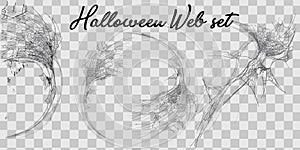 Vector illustration Halloween spider web isolated on transparent background. Hector venom cobweb set. Halloween monochrome spider