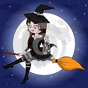 Vector Illustration of a Halloween Witch Flying on a Broomstick