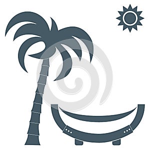 Vector illustration of a hammock under a palm tree and sun.
