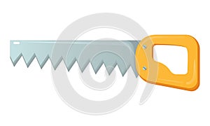 Vector illustration of a hand crosscut saw with a long steel blade and a yellow handle. Tool for cutting wood. Flat