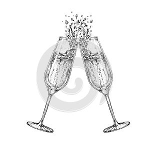 Vector illustration of hand drawing two clinking champagne glasses