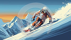 vector illustration, hand drawn , Advanced skier slides near mountain downhill. Sports descent on skis in mountains hills.