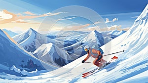 vector illustration, hand drawn , Advanced skier slides near mountain downhill. Sports descent on skis in mountains hills