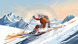 vector illustration, hand drawn , Advanced skier slides near mountain downhill. Sports descent on skis in mountains hills